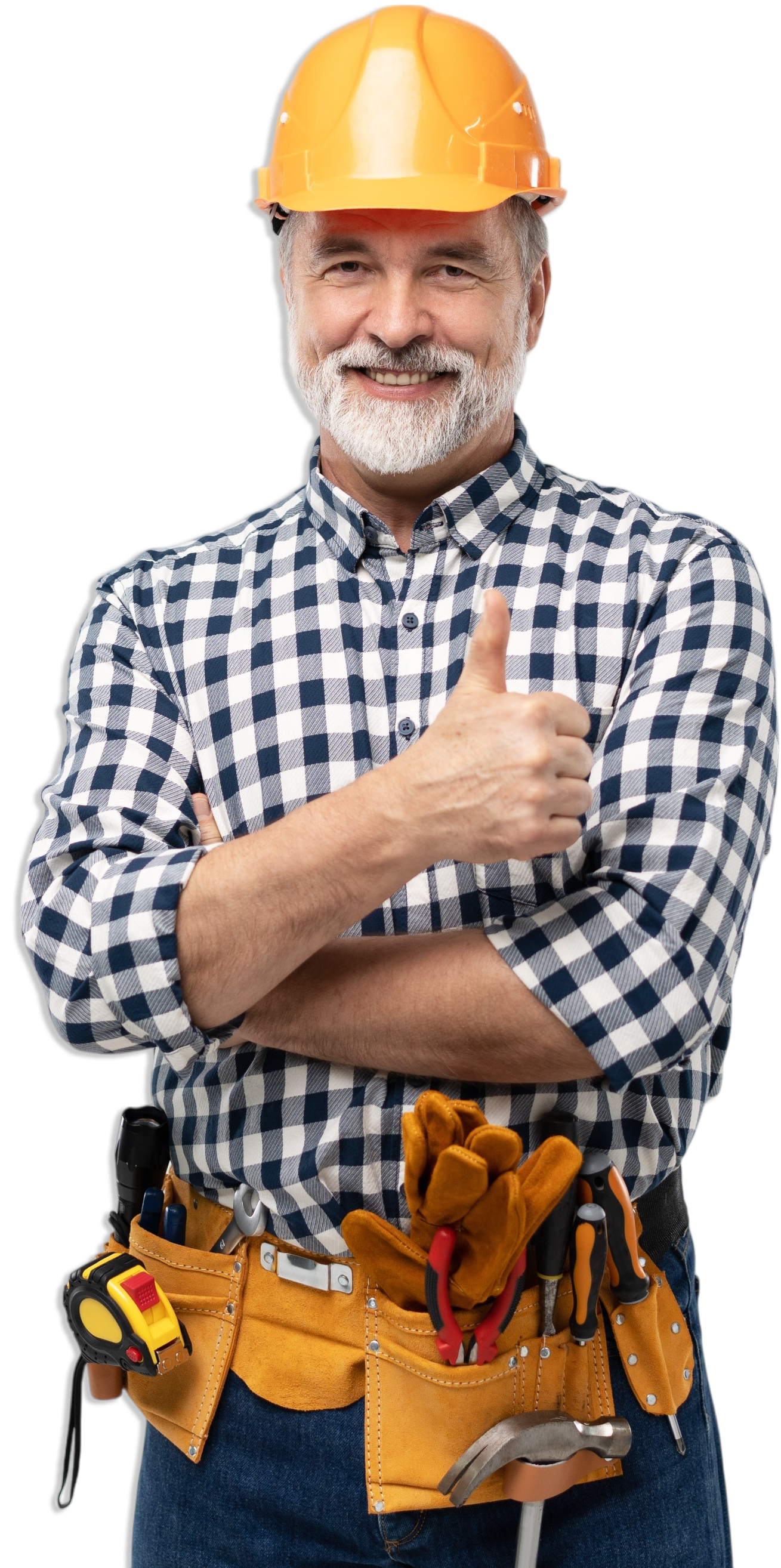 A man wearing a hard hat and tool belt is giving a thumbs up.