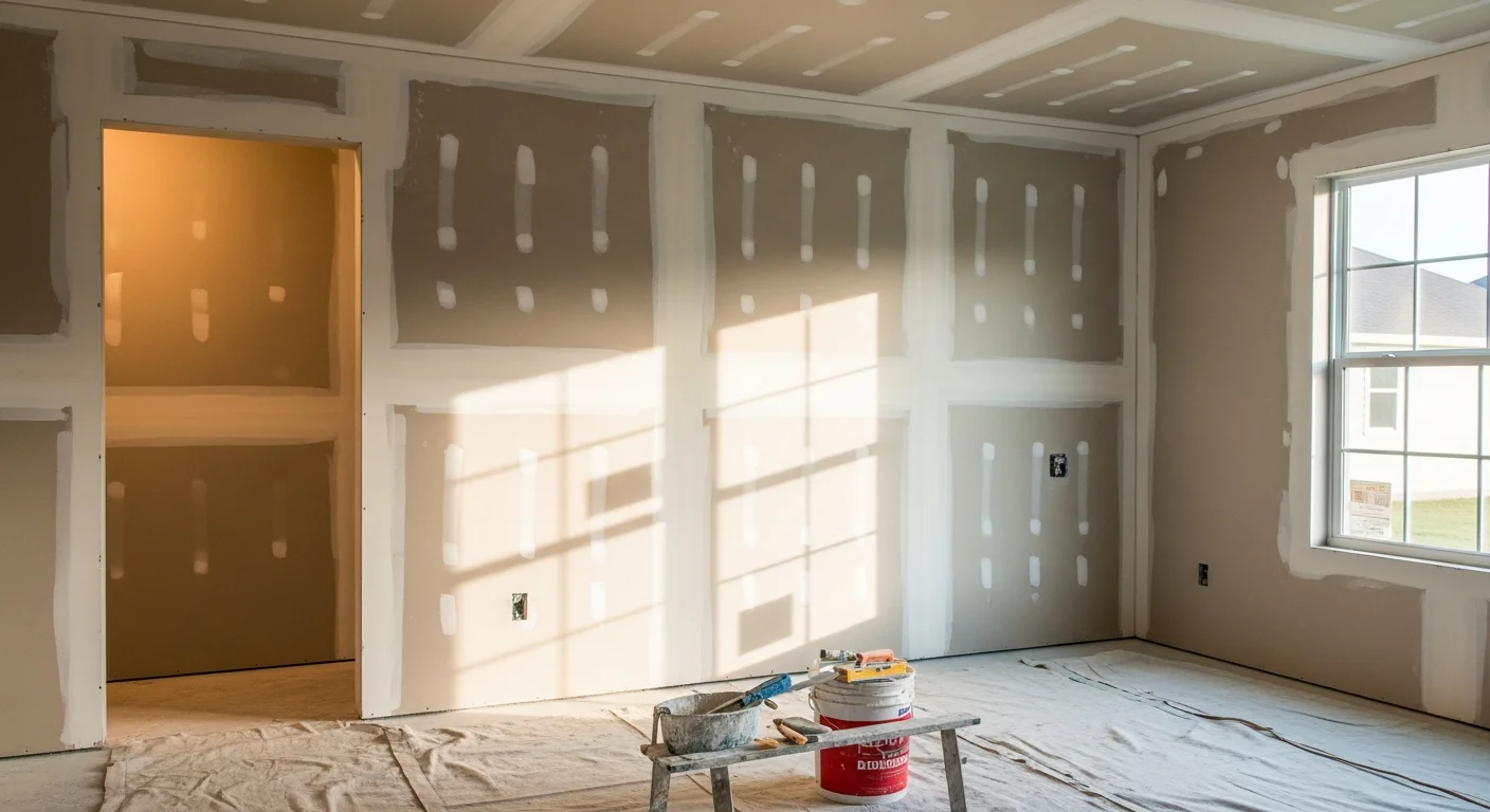Drywall contractor finishing and taping drywall seams