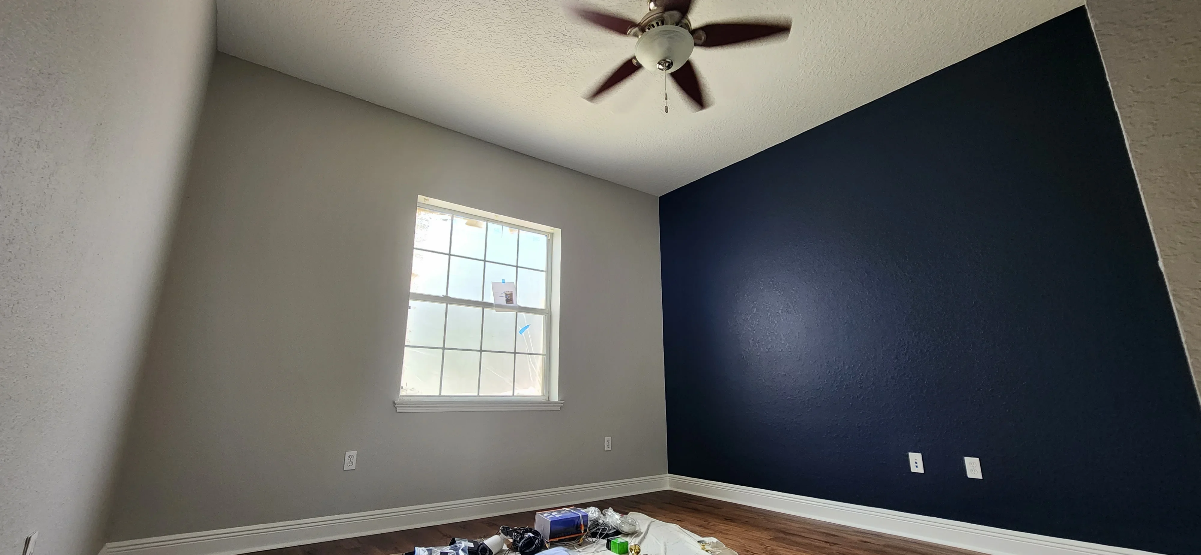 Bedroom with gray and navy blue painted walls, white ceiling, and wood flooring