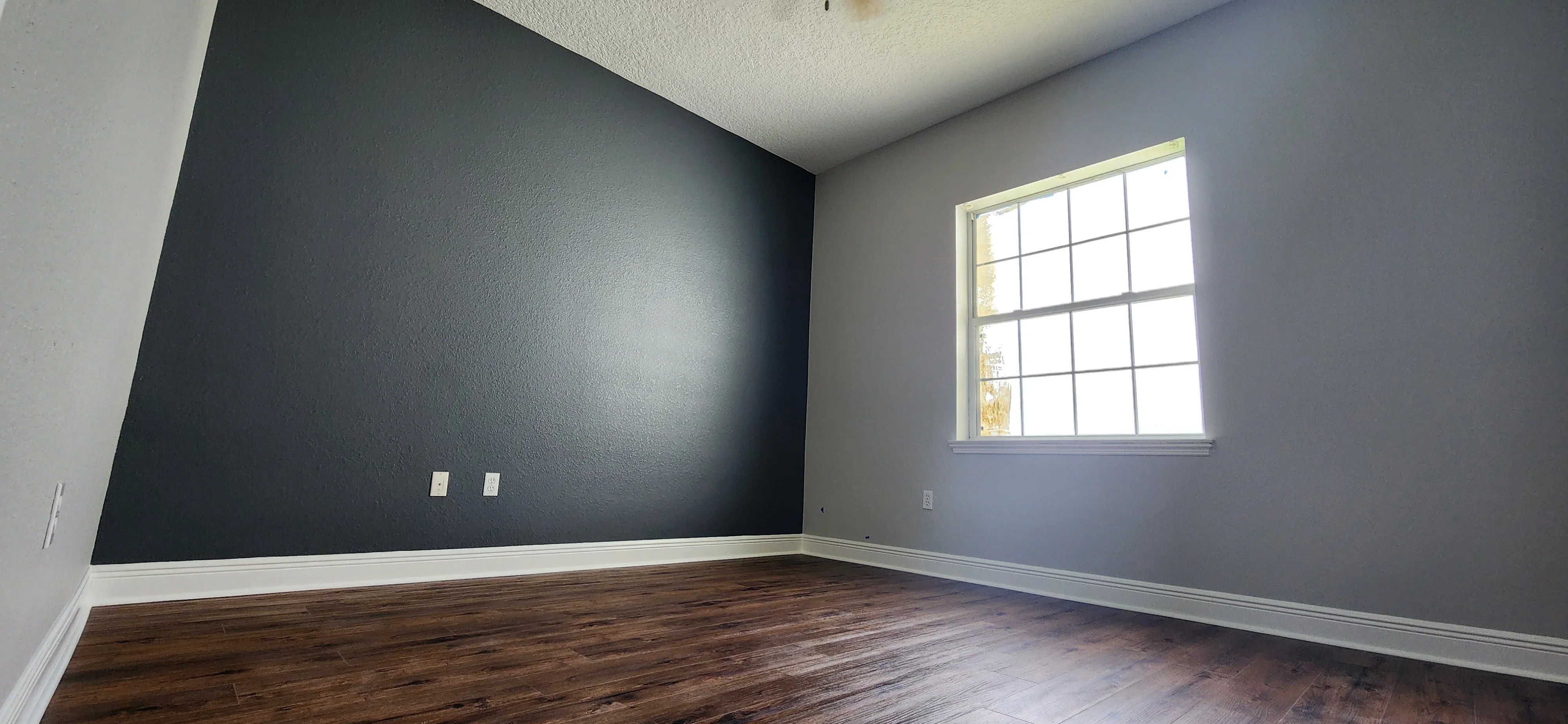 Charcoal accent wall with gray walls, white ceiling, and white trim in finished interior room
