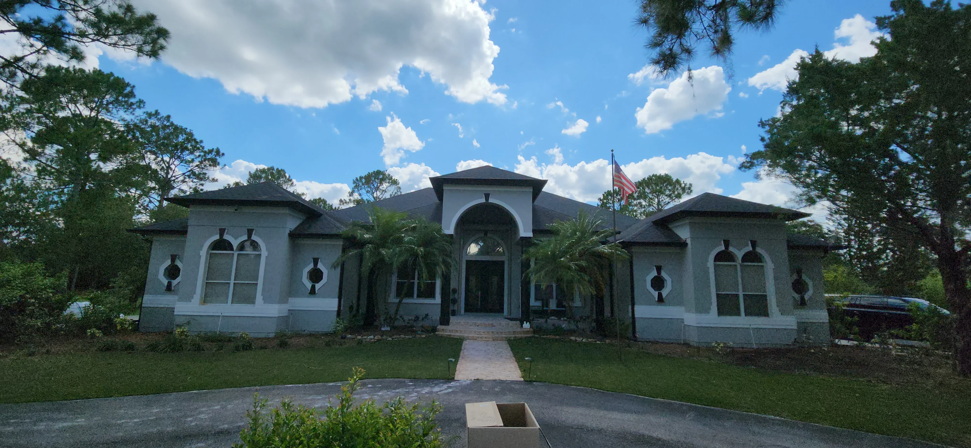 White stucco home with dark trim, arched windows, and palm trees