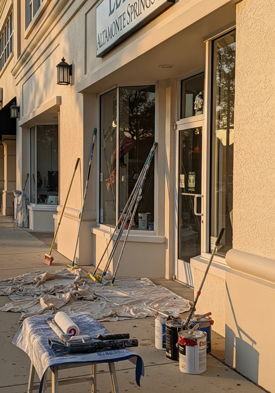 Professional service team member with tools standing in front of an Altamonte Springs commercial property.