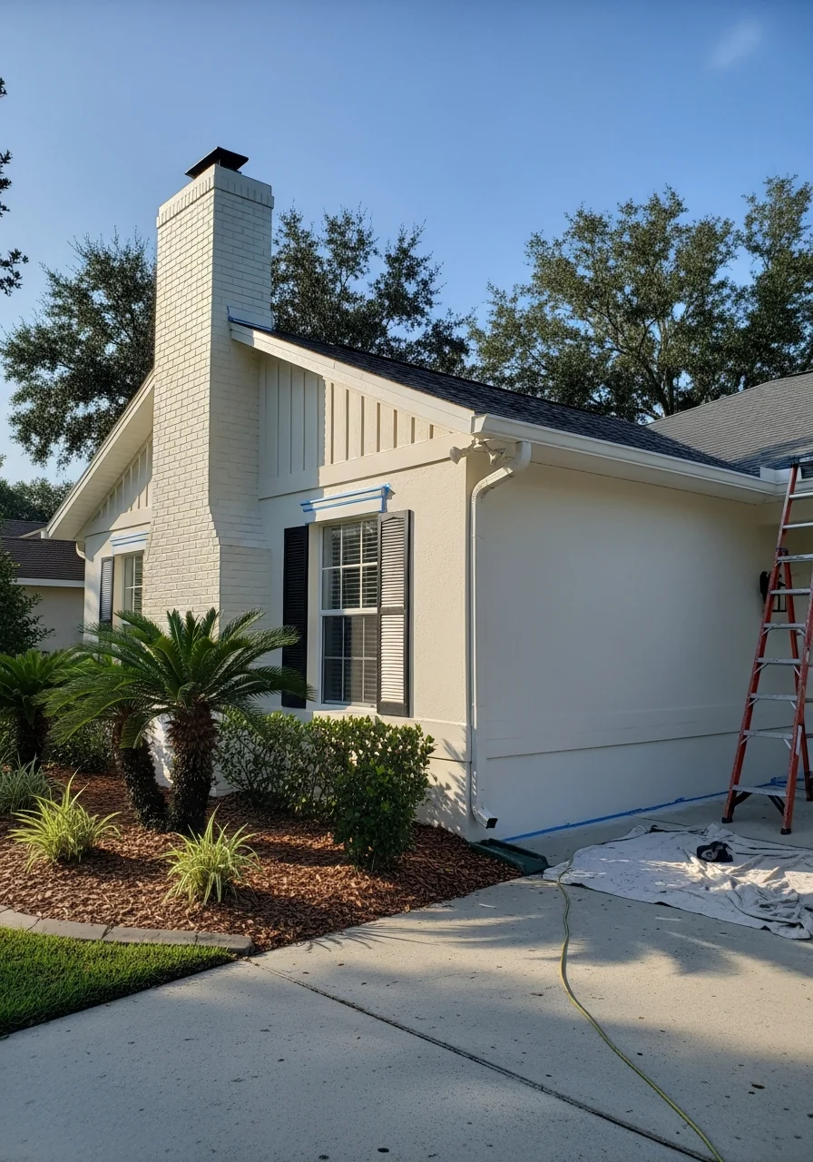 Homeowner and service professional reviewing project details in front of a Lake Mary home.