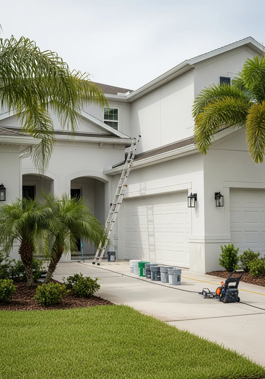 Professional service team member with equipment standing in front of a modern Lake Nona home.