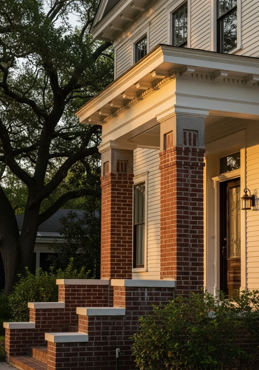 Service professional standing on the porch of a historic Sanford home with period architectural details.