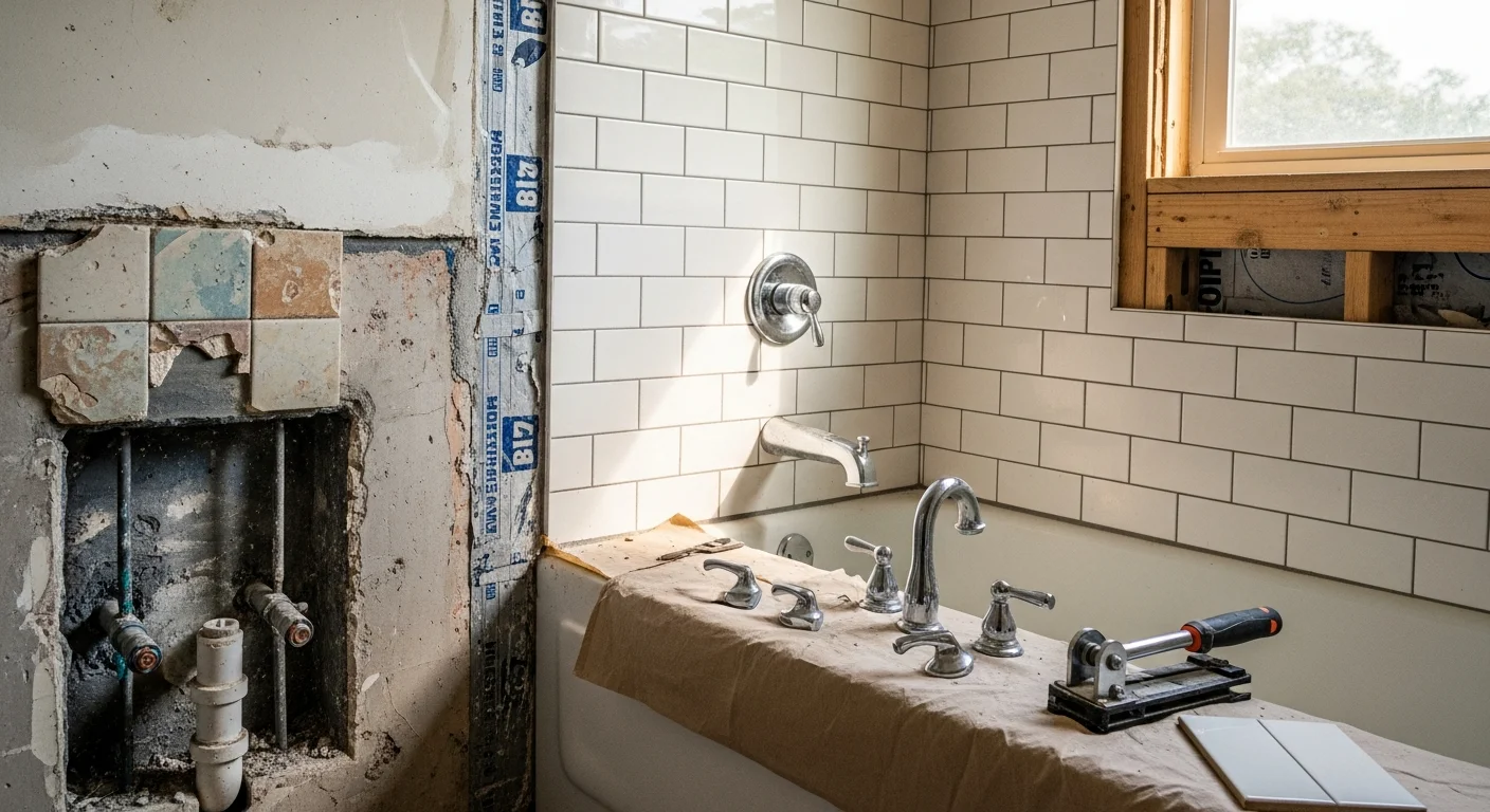 A remodeled bathroom inside a mid-century single-family home in Azalea Park, FL, featuring new floor tile, a updated vanity, and fresh wall finishes. The compact layout reflects the older housing stock common throughout the Azalea Park neighborhood.
