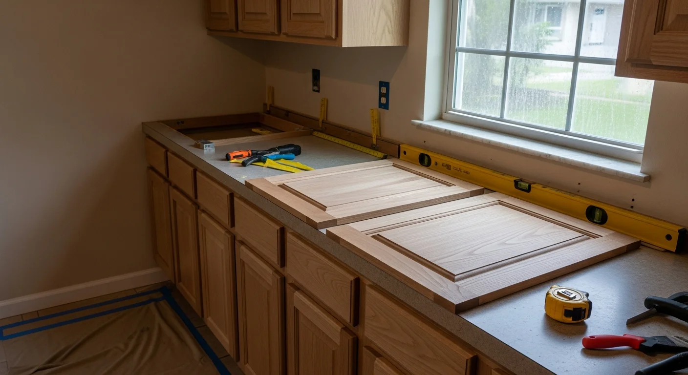 Newly installed white shaker kitchen cabinets with aligned doors and drawer fronts in a single-family home in Azalea Park, FL. The cabinet boxes are secured flush to the wall with even spacing between each unit.