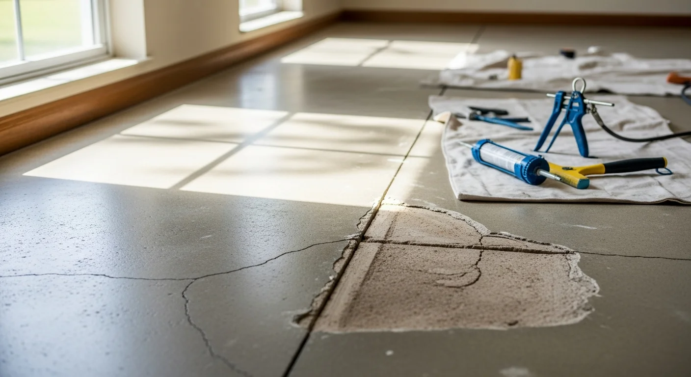 Close-up view of a repaired tile floor joint in an Azalea Park, FL home, showing clean, fully sealed caulk lines along a hard surface floor. A flooring contractor's tools rest nearby on the concrete slab surface.