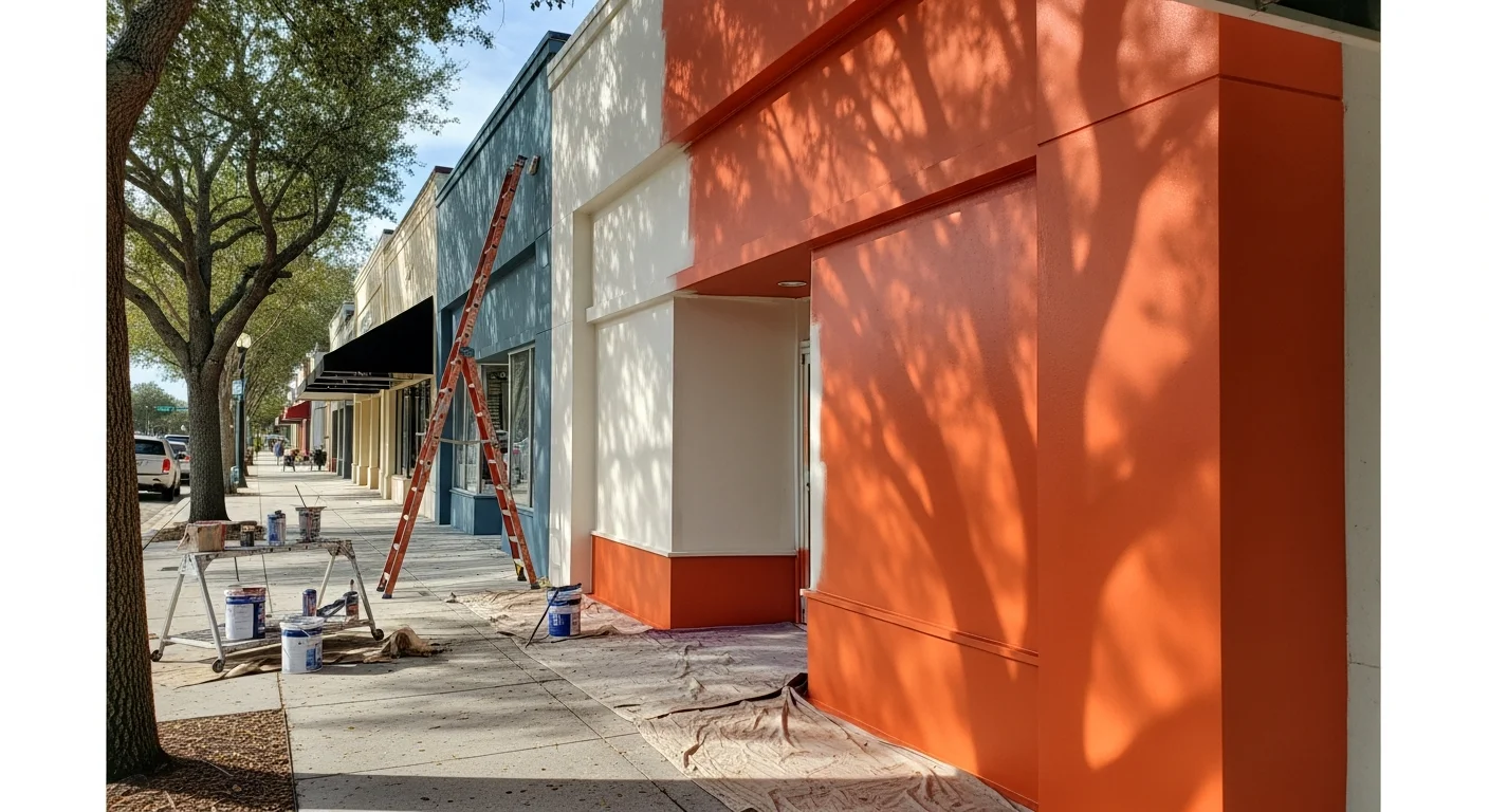 A freshly painted commercial building exterior in Azalea Park, FL, showing clean stucco walls with an even finish and sharp trim lines. The storefront faces a busy street in the Orlando metro area, with no visible peeling, fading, or mildew on the painted surfaces.