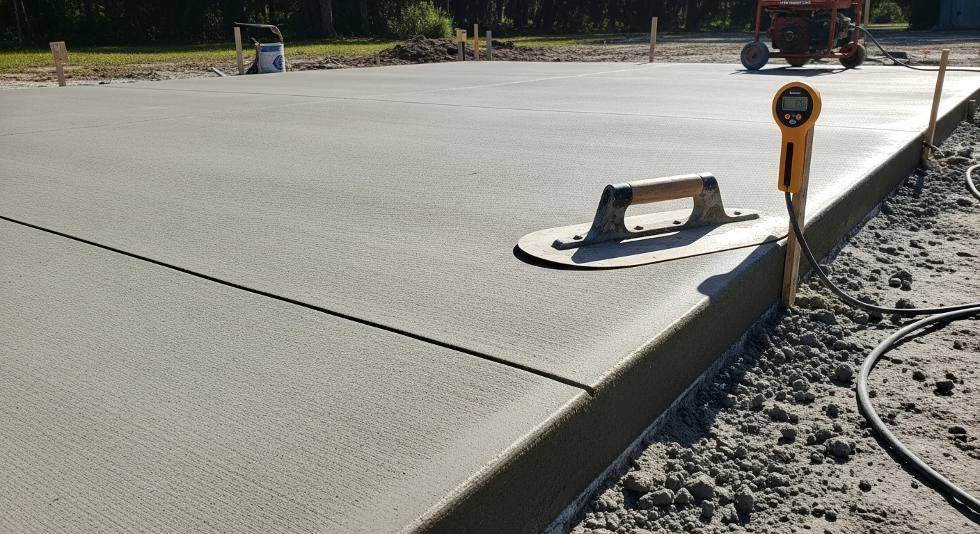 A freshly finished concrete floor inside a residential garage in Azalea Park, FL, showing a smooth, level gray surface with clean edges. The floor is prepped and ready for a coating system in a single-story Florida home.