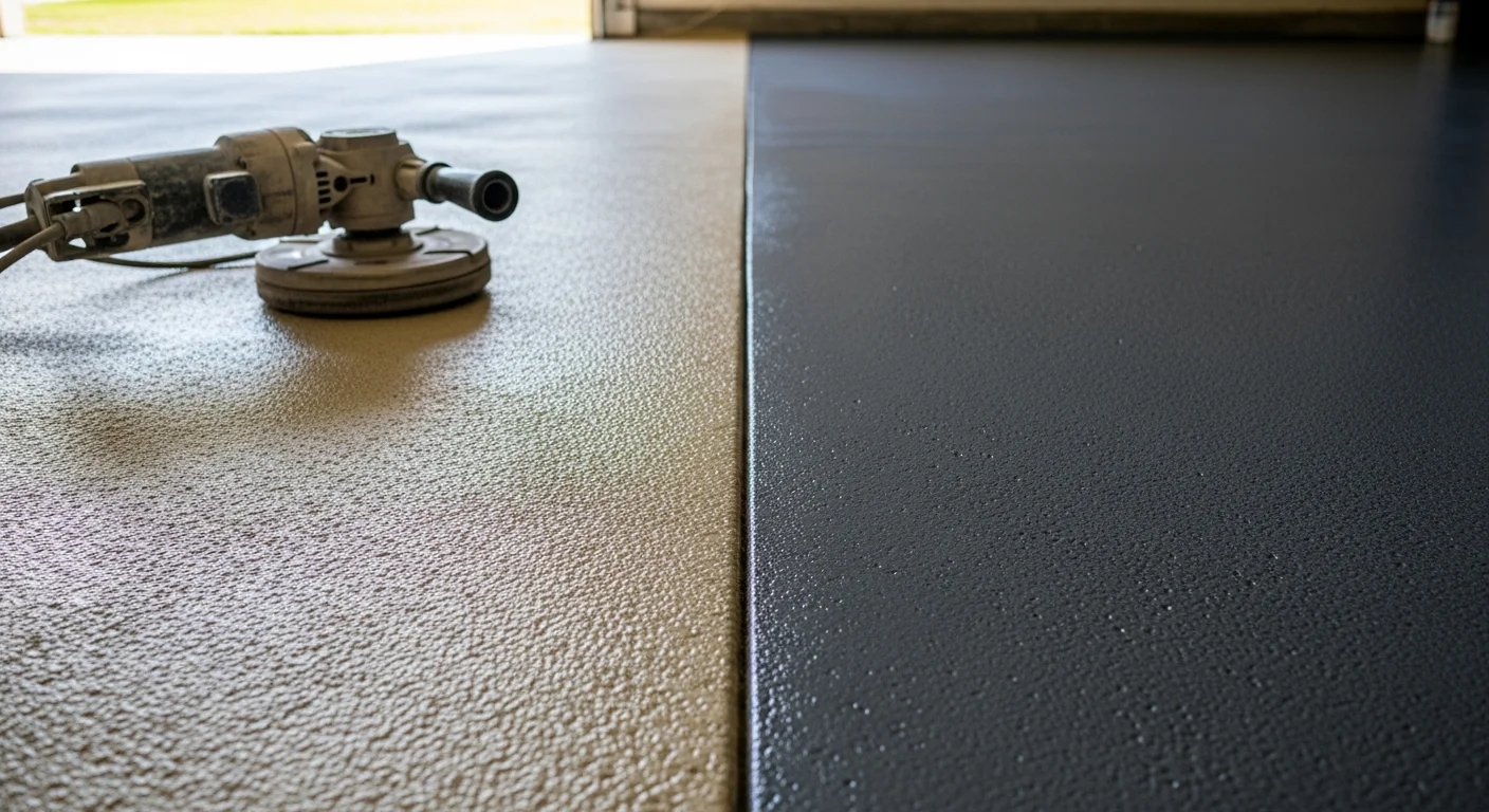 A freshly epoxy-coated concrete garage floor inside an Azalea Park, FL home, showing a smooth, sealed gray surface with a light decorative flake finish. The two-car garage is clean and well-lit, with no visible staining or surface wear on the coated slab.