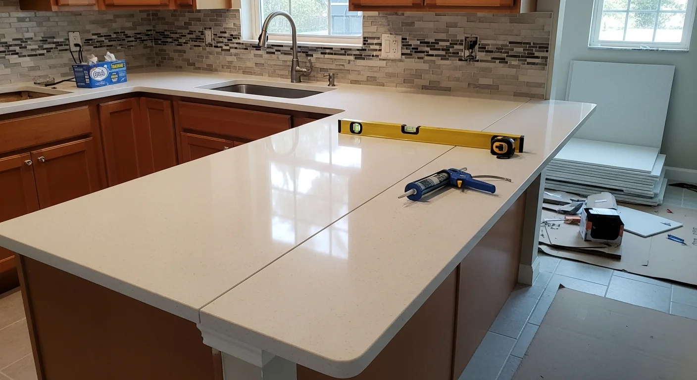 Newly installed kitchen countertop with clean seams and sealed edges in a mid-century home in Azalea Park, FL. IPC Constructor completed the countertop replacement as part of a kitchen remodel for a local homeowner.