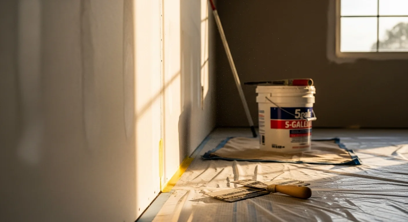 A freshly finished interior wall in an Azalea Park, FL home showing smooth, seam-free drywall ready for paint. A drywall finisher applies joint compound to a taped wall seam in a mid-century single-family home.