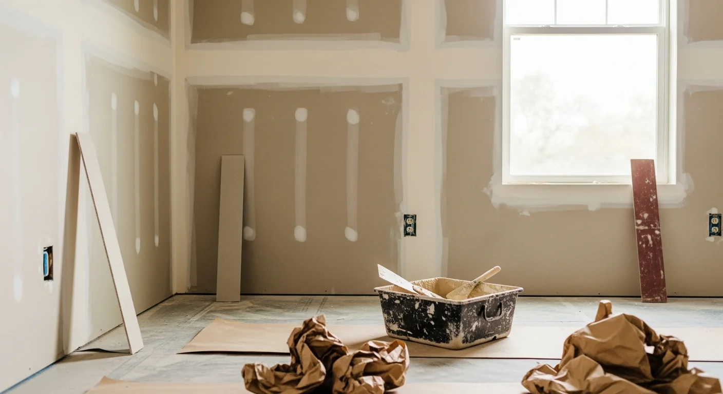 A freshly installed and taped drywall interior in a single-family home in Azalea Park, FL, with smooth mud-finished walls ready for paint. The room shows clean panel seams and corner bead work completed by IPC Constructor.