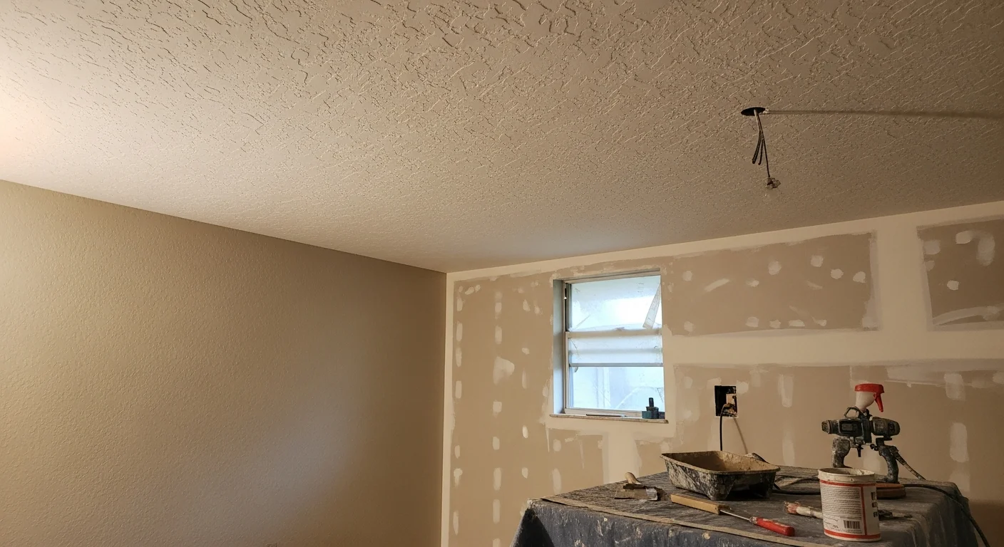 A freshly textured drywall wall inside an Azalea Park, FL home showing a consistent knockdown finish with no visible patch marks or seams. The surface is ready for paint in a mid-century residential interior.