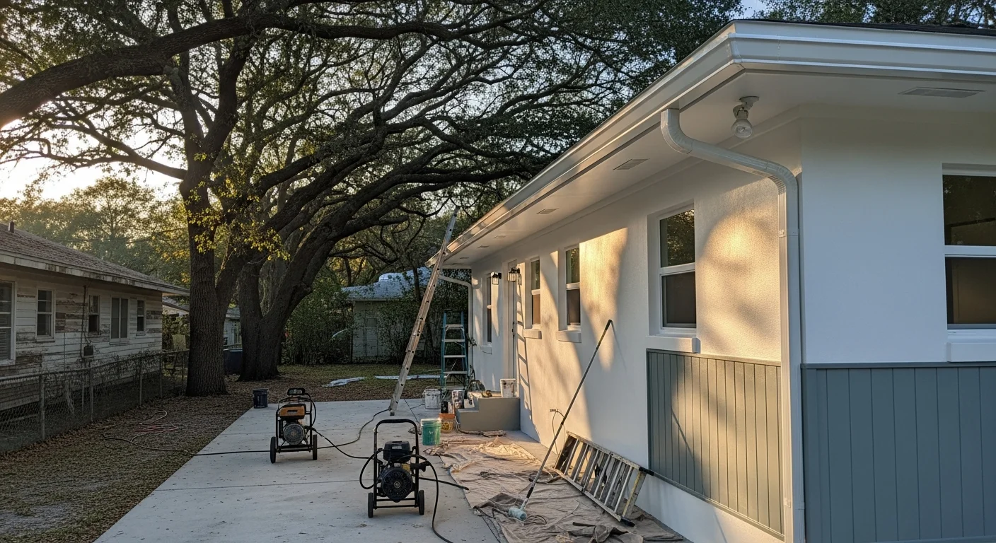 Freshly painted single-family home exterior in Azalea Park, FL, showing clean trim, smooth body coat, and painted front door. A painting contractor applies a second coat to the stucco siding under clear Central Florida skies.