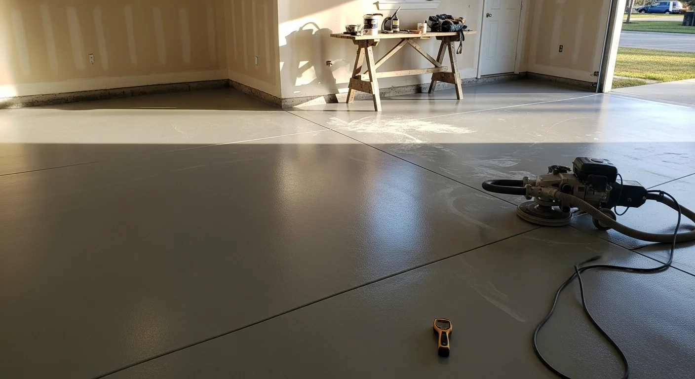 A freshly coated garage floor with a smooth, high-gloss epoxy finish inside a residential garage in Azalea Park, FL. The seamless surface shows a decorative flake pattern under bright overhead lighting with a vehicle parked on the completed floor.