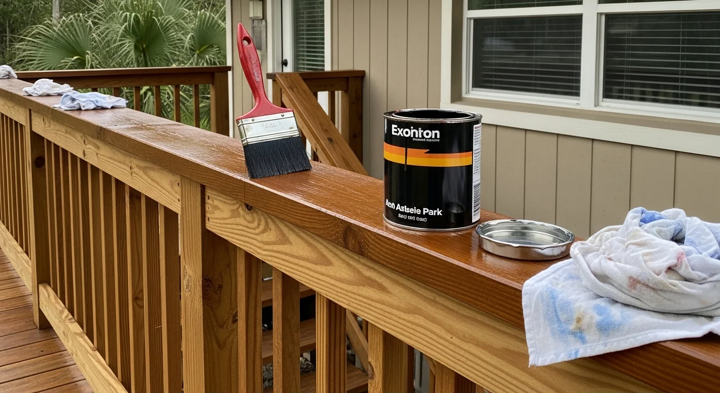 Freshly stained wood deck and fence on a mid-century single-family home in Azalea Park, FL, showing even stain coverage and restored wood grain. A painting contractor applies exterior wood stain to weathered fence boards in a residential backyard in Azalea Park, Florida.