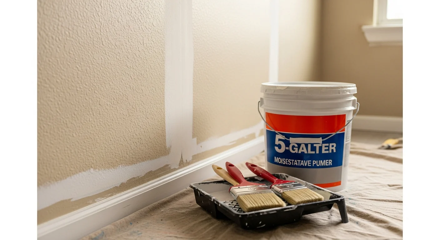 Interior living room of a mid-century home in Azalea Park, FL with freshly painted walls in a light neutral color and clean white trim. A painting contractor applies a second coat to the wall using a roller, with drop cloths covering the floor.
