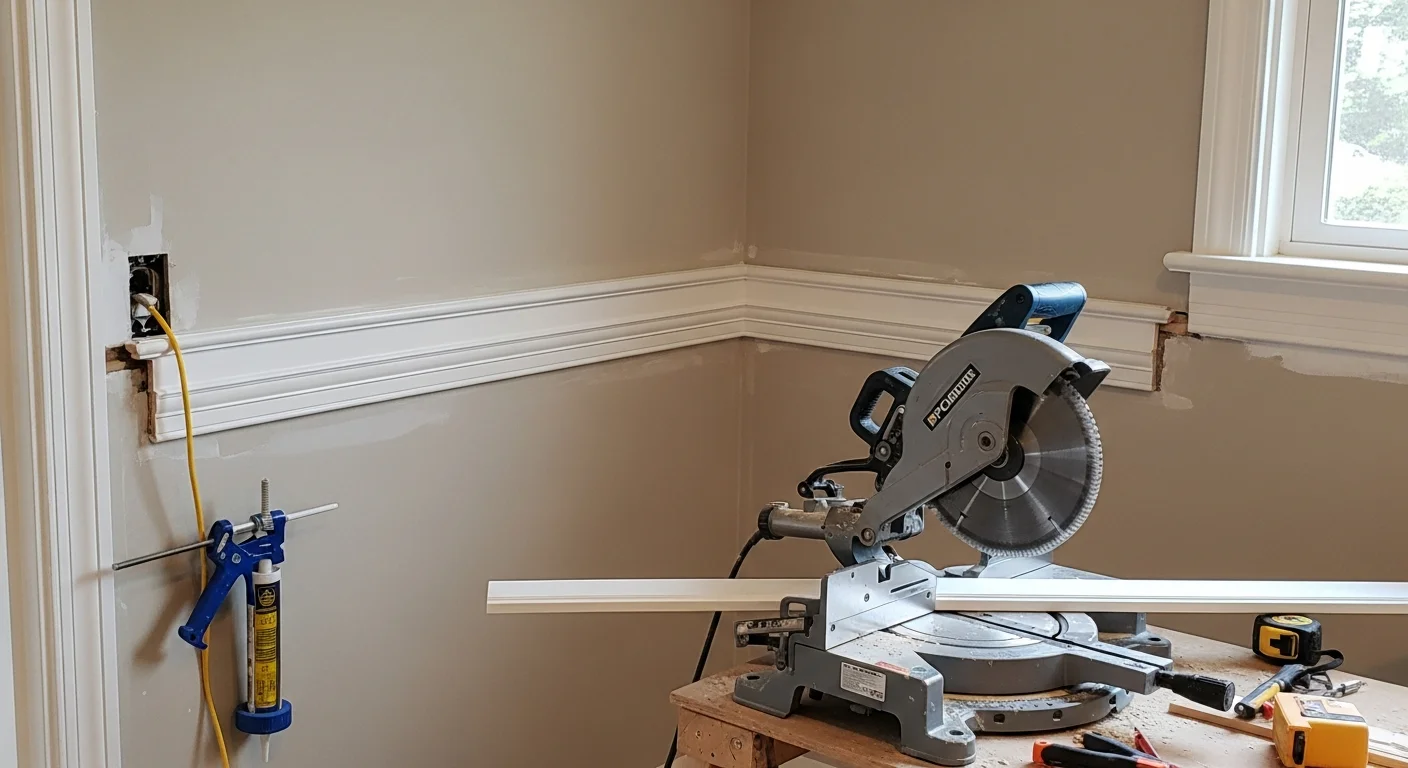Freshly installed white baseboard and door casing trim against a smooth drywall wall in a single-family home in Azalea Park, FL. Clean mitered corners and tight joints show the finished result of an interior trim installation by IPC Constructor.