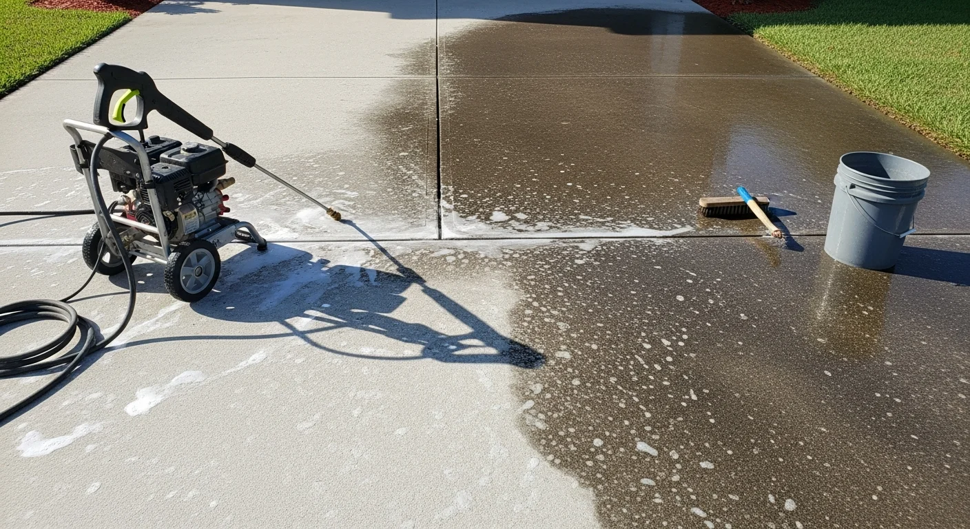A concrete driveway and exterior wall of a single-family home in Azalea Park, FL after professional pressure washing, showing clean surfaces free of mold streaks and algae buildup. The cleaned area is staged ahead of an exterior remodeling project.